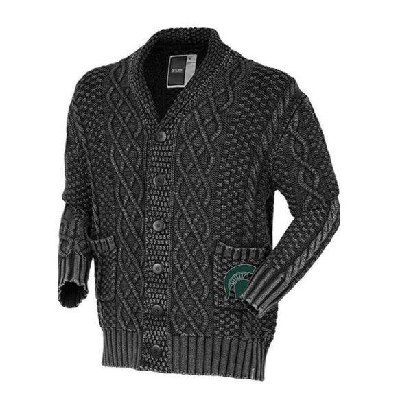 Michigan State Mens S Spartans Unisex Indigo Cable Shawl Cardigan Sweater Bruzer - Picture 1 of 5